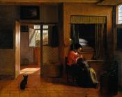 皮特尔 德 胡格 : Interior with a Mother delousing her child's hair